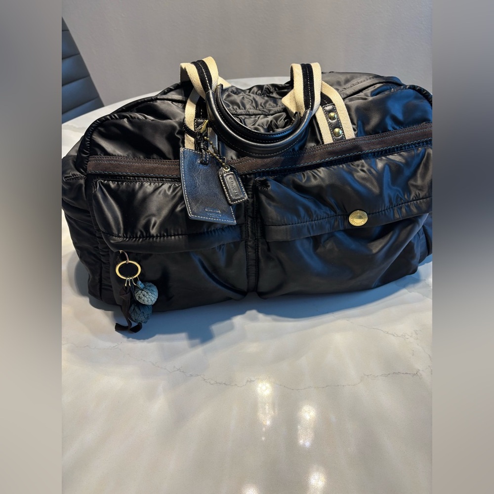 Coach Black Leather Bag with Tan and Blue Accents
